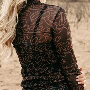 Black Casual Women's Western Rodeo Printed Mock Neck Long Sleeve Mesh Top